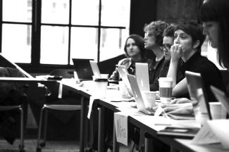 The Fembot Unconference on Feminist Multimodal Publishing and Collaboration was held in February 2013. Left to right: Panelists Karen Alexander, Alex Juhasz, Sarah Kember, Sarah Stierch, and Nina Huntemann