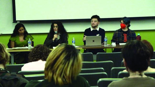 Panelists for the “Gender as Target” event were, from left, Anita Chari, Alison Gash, Kaito Campos de Novais, and Brennan Fitzgerald / photo by Cing Dim
