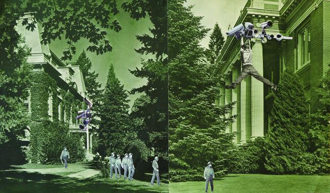 Dreamlike collage images from the multimodal dissertation of anthropology PhD candidate Kaito Campos de Novais are created from historic photographs of the administration buildings.