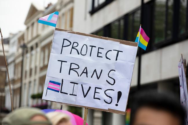 A protest poster reading "protect trans lives."